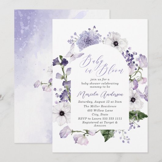 Elegante Waterverf Baby in Blooom Paarse bloemen Kaart (Voorkant / Achterkant)