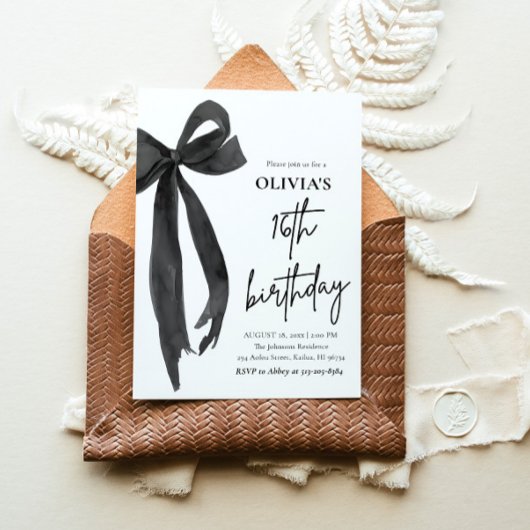 Elegante Waterverf Black Bow 16e verjaardagsfeest Kaart