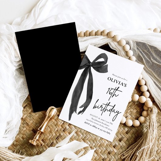 Elegante Waterverf Black Bow 16e verjaardagsfeest Kaart