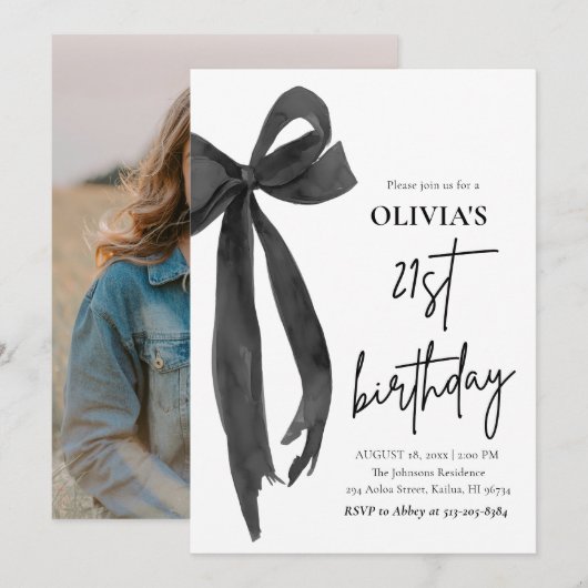 Elegante Waterverf Black Bow 21e verjaardagsfeest Kaart (Voorkant / Achterkant)