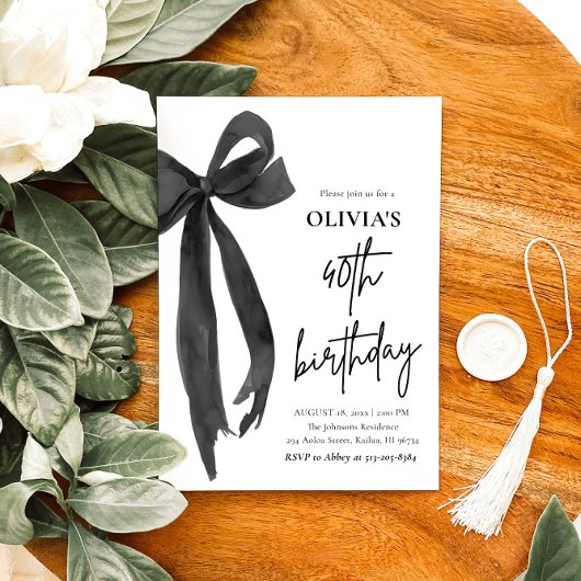 Elegante Waterverf Black Bow 40e verjaardagsfeest Kaart
