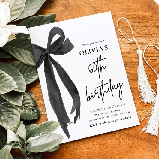 Elegante Waterverf Black Bow 60e verjaardagsfeest Kaart
