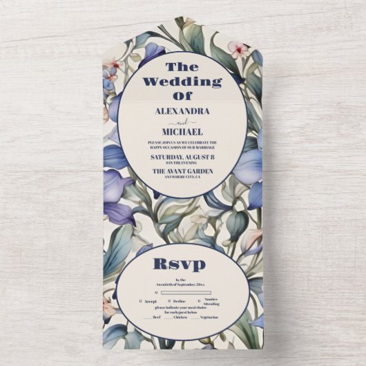 Elegante Waterverf Blauw Bloemen Bruiloft All In One Uitnodiging (Binnen)