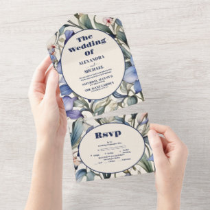Elegante Waterverf Blauw Bloemen Bruiloft All In One Uitnodiging