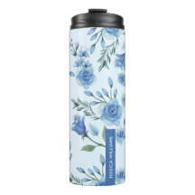 Elegante Waterverf  Blauw Bloemen Monogram