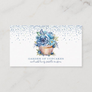 Elegante Waterverf Blauw Glitter Bloemen Cupcake Visitekaartje