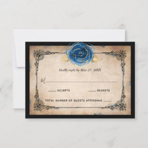 Elegante Waterverf Blauw Roos Gouden Rustieke Brui RSVP Kaartje