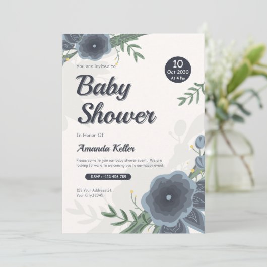 Elegante Waterverf Blauwe Bloemen Baby shower Kaart (Staand voorkant)