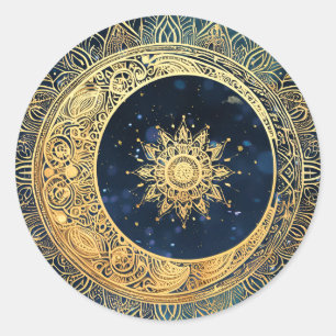 Elegante Waterverf Blauwe en Gouden Mandala Sun St Ronde Sticker
