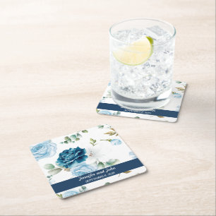Elegante Waterverf Blauwe Rozen Bloemige Bruiloft Vierkante Kartonnen Onderzetter