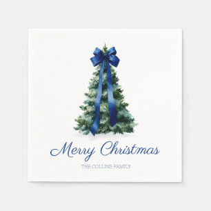Elegante Waterverf Blauwe Strik Vrolijk Kerstboom Servet