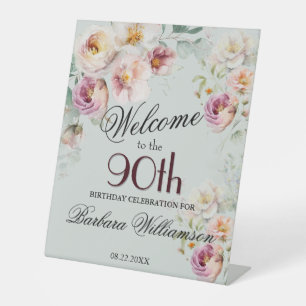 Elegante waterverf bloem 90ste verjaardag welkom reclamebord met voetstuk