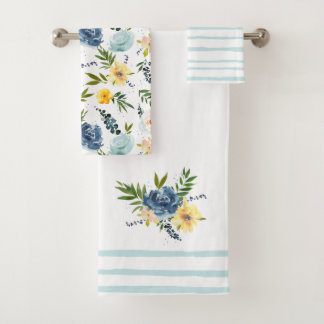 Elegante Waterverf Bloem Rozen Blauw Geel Bad Handdoek