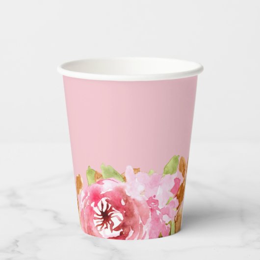 Elegante Waterverf Bloemachtige Bruidsdouche Papieren Bekers (Achterkant)