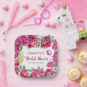 Elegante Waterverf Bloemachtige Heet Roze Bruidsdo Papieren Bordje (Feest)