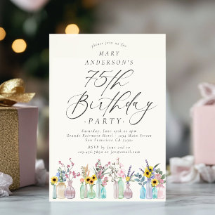 Elegante Waterverf Bloemen 75ste Verjaardagsfeest Kaart