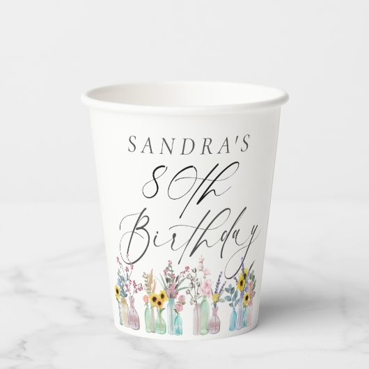 Elegante Waterverf Bloemen 80ste Verjaardag Papieren Bekers (Achterkant)