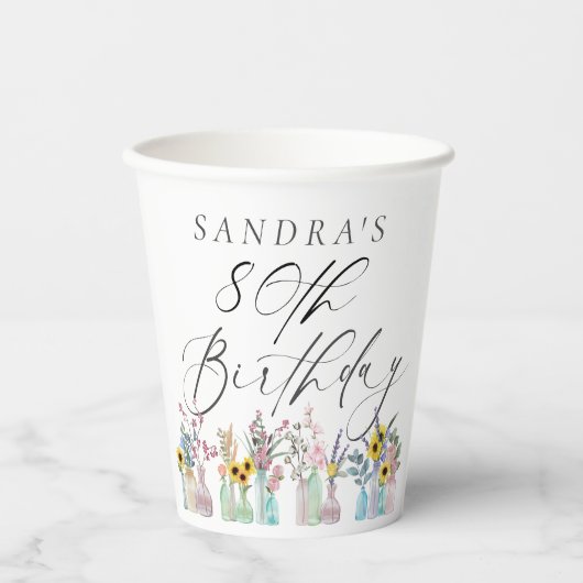 Elegante Waterverf Bloemen 80ste Verjaardag Papieren Bekers (Voorkant)