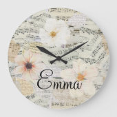 Elegante Waterverf Bloemen Bladmuziek Grote Klok (Voorkant)