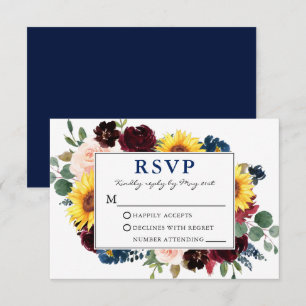 Elegante Waterverf Bloemen Blauw Huwelijk RSVP Kaartje