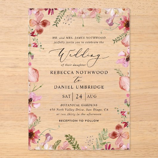 Elegante Waterverf Bloemen en groen bruiloft Acryl Uitnodigingen (Voorkant)