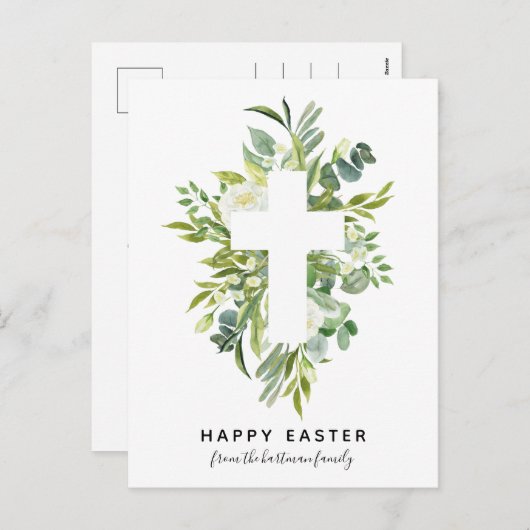 Elegante waterverf bloemen en kruis Pasen Feestdagenkaart (Voorkant / Achterkant)