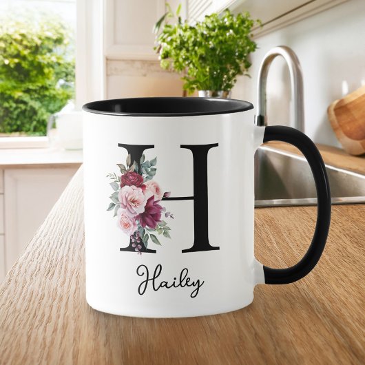 Elegante Waterverf Bloemen Initiaal Naam Monogram Mok