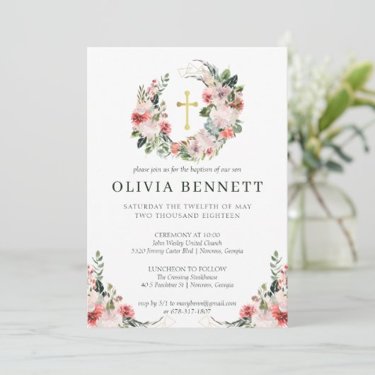 Elegante Waterverf Bloemen Meisje Doopuitnodiging Kaart (Staand voorkant)