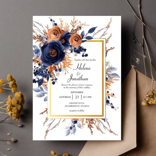 Elegante Waterverf Bloemen Navy Blue Rust Wedding Kaart