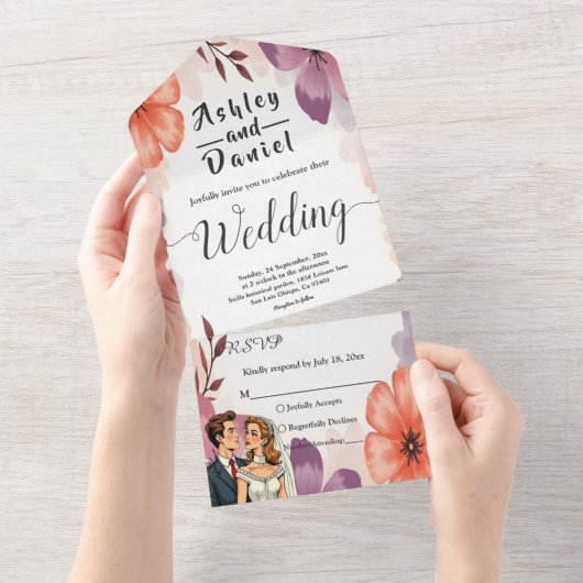Elegante Waterverf Bloemen Romantisch Paar Trouwen All In One Uitnodiging (Afscheurbaar)