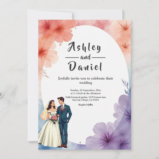 Elegante Waterverf Bloemen Romantisch Paar Trouwen Kaart (Voorkant)