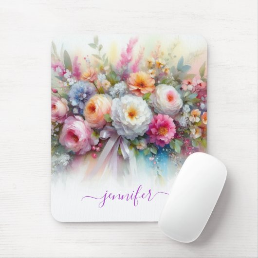 Elegante Waterverf Bloemen Script Naam Verticaal Muismat (Met muis)
