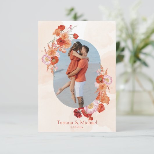 Elegante waterverf Bloemen sinaasappel Bruine Arch Save The Date (Staand voorkant)