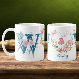 Elegante Waterverf Bloemen Vlinder Monogram W Koffiemok