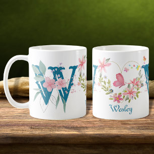 Elegante Waterverf Bloemen Vlinder Monogram W Koffiemok