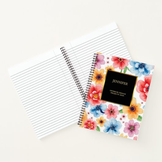 Elegante waterverf bloemen zwart goud professional notitieboek (Binnen)