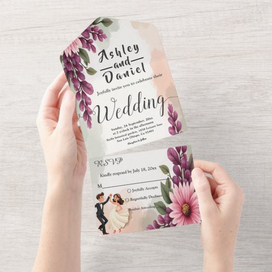 Elegante Waterverf Bloemenbruid Bruidegom Chic Wed All In One Uitnodiging (Afscheurbaar)