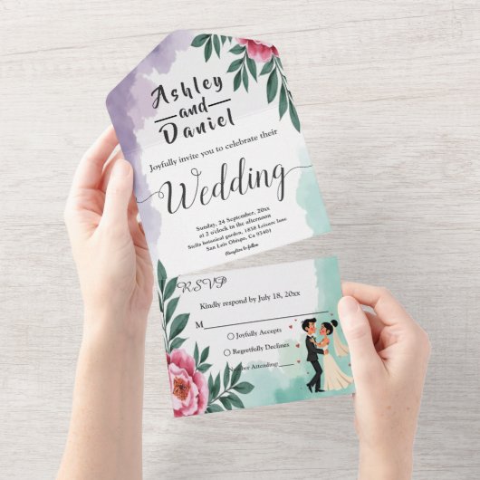 Elegante Waterverf Bloemenbruid en bruidegom bruil All In One Uitnodiging (Afscheurbaar)