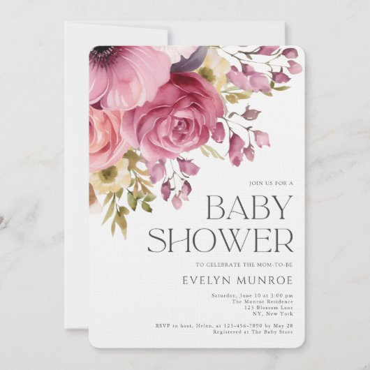 Elegante Waterverf Bloemenroze Baby shower Kaart (Voorkant)
