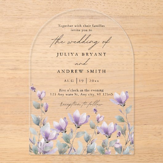 Elegante waterverf bloemenscript bruiloft acryl uitnodigingen (Voorkant)