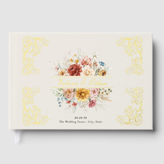 Elegante Waterverf Bloementuin Trouwgoud Gastenboek (Voorkant)