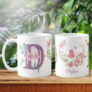 Elegante Waterverf Bloemenvlinder Monogram D Koffiemok