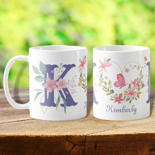 Elegante Waterverf Bloemenvlinder Monogram K Koffiemok