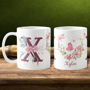 Elegante Waterverf Bloemenvlinder Monogram X Koffiemok