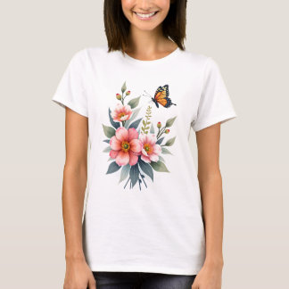 Elegante Waterverf bloemige vlinders T-shirt