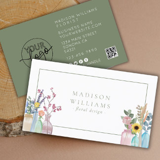 Elegante Waterverf Bloemist Logo QR Code Visitekaartje