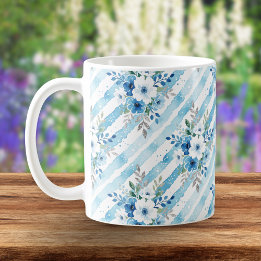 Elegante Waterverf Bloemstreep Blauw Cottagecore Koffiemok