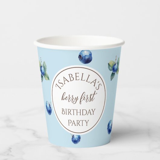 Elegante Waterverf Blue Berry Eerste Verjaardagsfe Papieren Bekers (Voorkant)