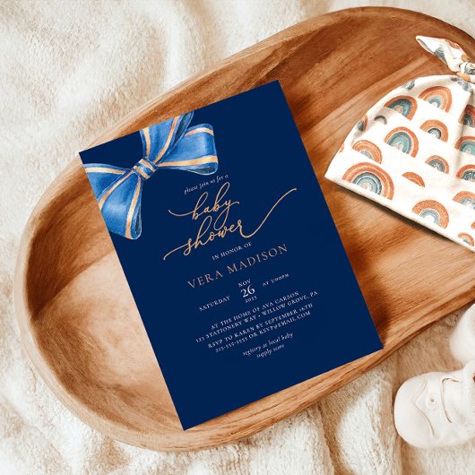 Elegante Waterverf Blue Bow Baby shower Kaart