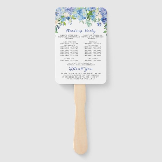 Elegante Waterverf Blue Hydrangea Trouwprogramma Handwaaier (Achterkant)